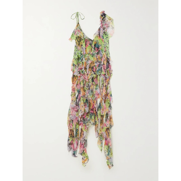 Dries Van Noten 'Asymmetric' Green Ruffled Frayed Floral-Print Silk-Crepon Top